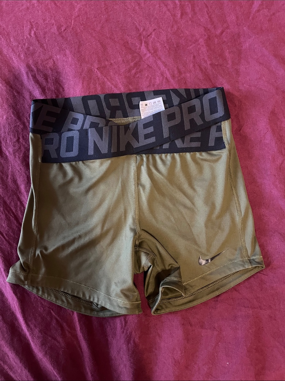 Nike Pro Olive Green High-Waist Athletic Shorts with Black Waistband